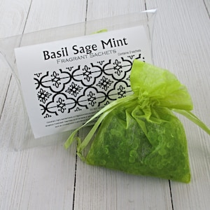 Basil Sage Mint Sachets, Aroma beads, set of 2 highly fragranced organza bag sachets, scented sachet, green herbal sachets, car fragrance