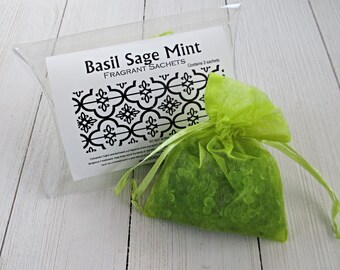 Basil Sage Mint Sachets, Aroma beads, set of 2 highly fragranced organza bag sachets, scented sachet, green herbal sachets, car fragrance