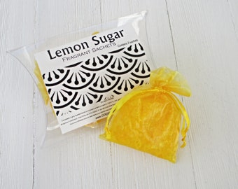 Lemon Sugar Sachets,  2pc set of highly fragranced organza bag sachets, brisk lemonade scent, for home, office, car or luggage
