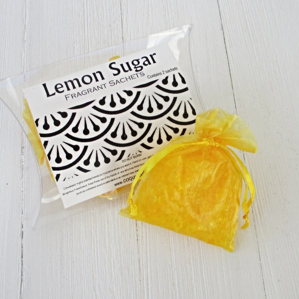 Lemon Sugar Sachets,  2pc set of highly fragranced organza bag sachets, brisk lemonade scent, for home, office, car or luggage