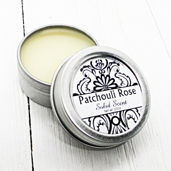 Patchouli Rose Solid Scent, concentrated body fragrance, 1/2oz twist lid tin, natural body perfume, beeswax solid fragrance