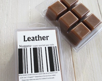 Leather wax melts, Choice of size, Nuggets, strong paraffin wax tarts, smells like tanned cowhide leather