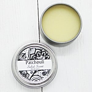 Patchouli Solid Scent, concentrated body fragrance, 1/2oz twist lid tin, natural body perfume, beeswax solid fragrance, earthy herbal scent