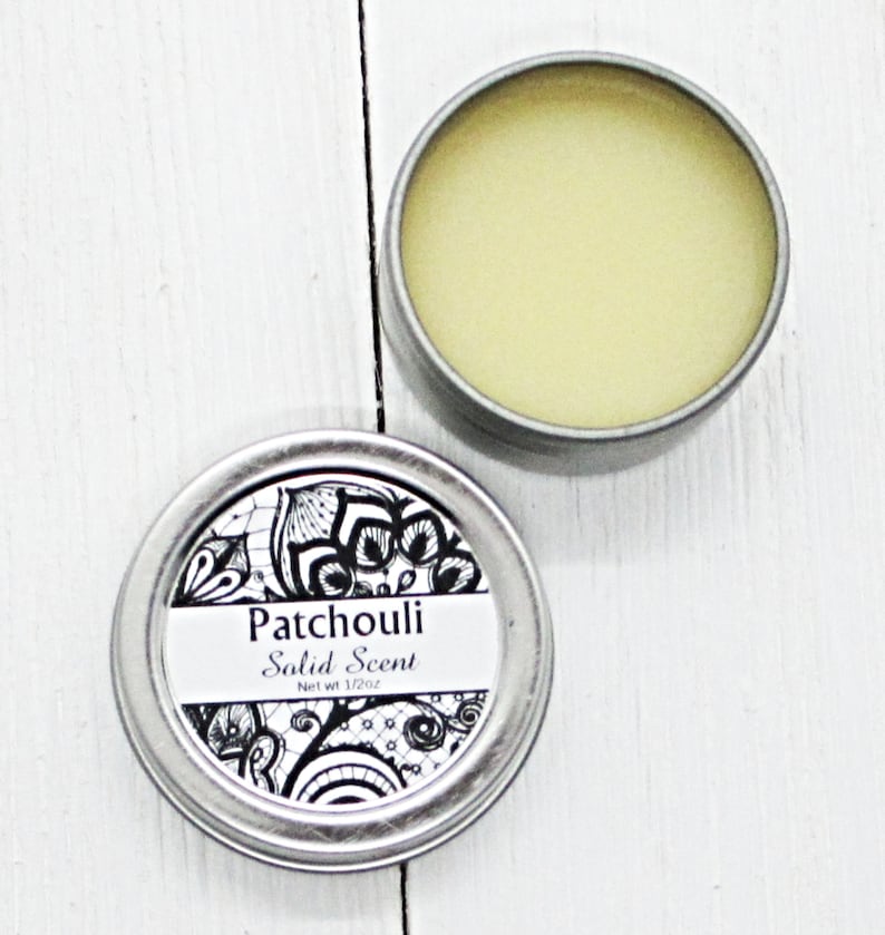 Patchouli Solid Scent, concentrated body fragrance, 1/2oz twist lid tin, natural body perfume, beeswax solid fragrance, earthy herbal scent image 1