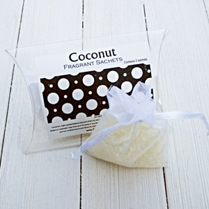 Coconut Sachets, Aroma beads, set of 2 highly fragranced organza bag sachets, tropical fruit fragrance, strong scent, creamy coconut
