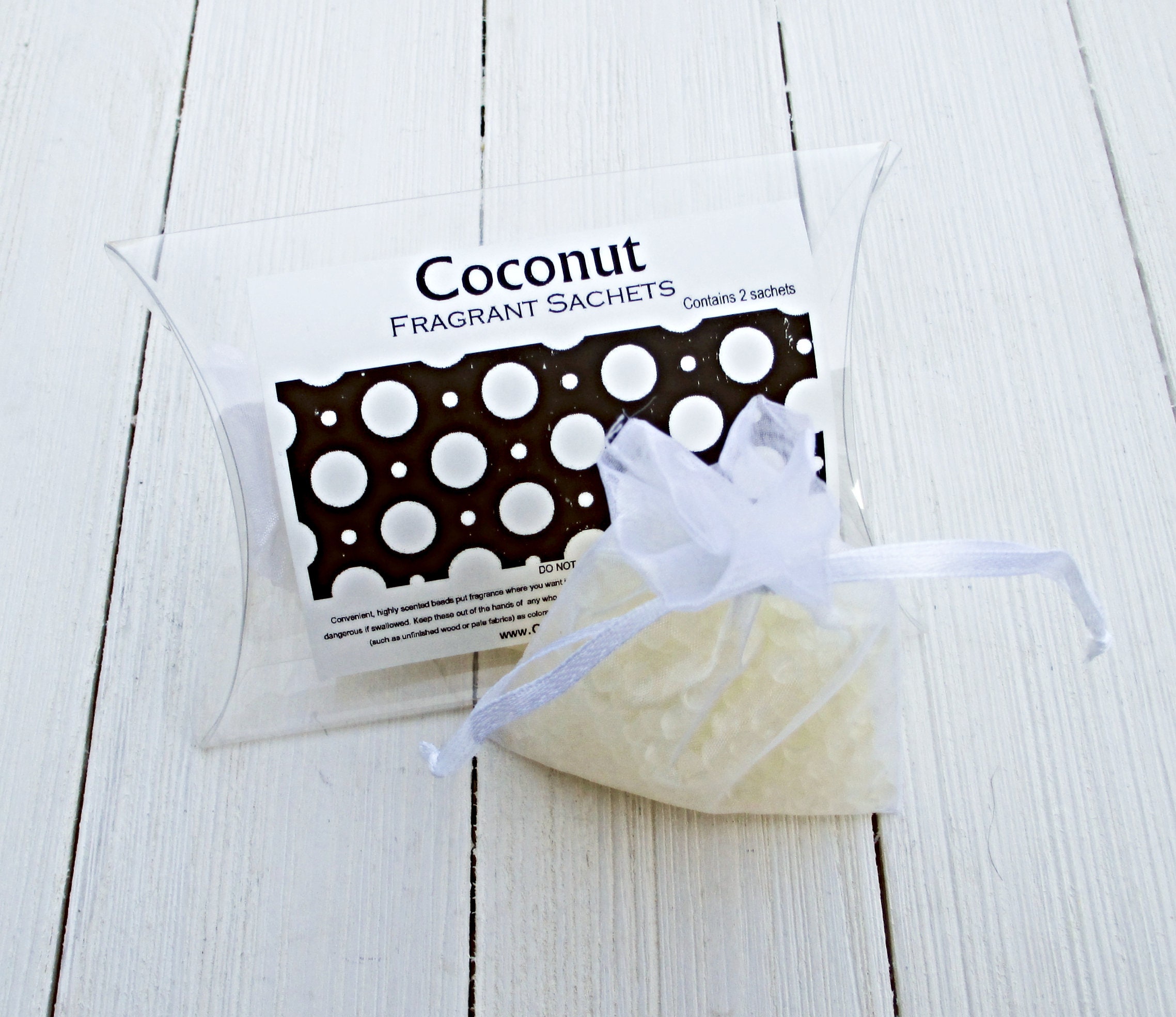 Coconut Sachets, Aroma Beads, Set Of 2 Highly Fragranced Organza Bag Sachets, Tropical Fruit Fragrance, Strong Scent, Creamy Coconut
