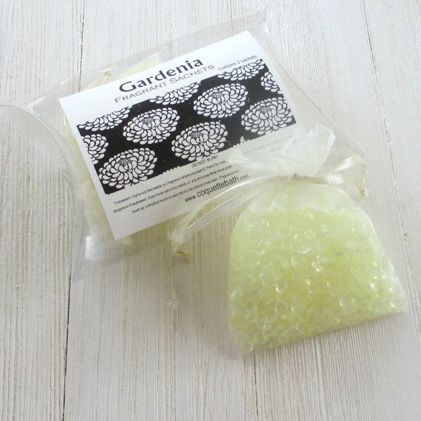 Gardenia Sachets, Aroma beads, set of 2 highly fragranced organza bag sachets