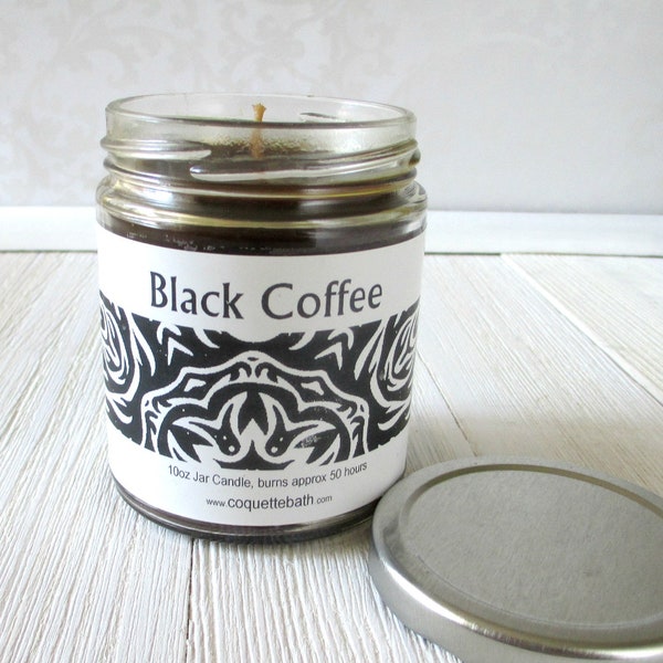 Black Coffee Candle, 6oz tin or 9oz jar, strongly scented traditional wax candle, rich coffee fragranced candle, coffee lovers gift