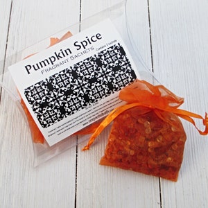 Pumpkin Spice Sachets, Aroma beads, set of 2 highly fragranced organza bag sachets, classic pumpkin fragrance, autumn sachets for home