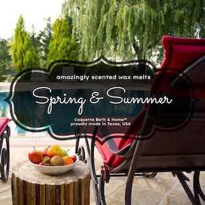 May include: A serene outdoor scene featuring a bowl of fresh fruit on a wooden side table. The text "Spring & Summer" is displayed over a blurred background of a pool and trees. The image also includes a red chair.