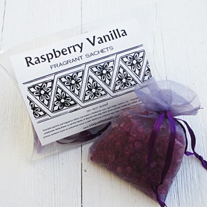 Raspberry Vanilla Sachets, 2pc package, highly fragranced organza bag sachets, classic berry fragrance, warm fruity scent for car, home etc.
