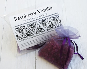 Raspberry Vanilla Sachets, 2pc package, highly fragranced organza bag sachets, classic berry fragrance, warm fruity scent for car, home etc.