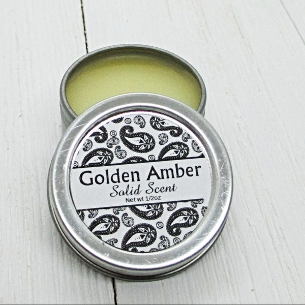 Golden Amber Solid Scent, concentrated travel fragrance, 1/2oz twist lid tin, natural body perfume, beeswax solid fragrance