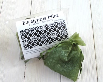 Eucalyptus Mint Sachets, Aroma beads, set of 2 highly fragranced organza bag sachets, scented sachet