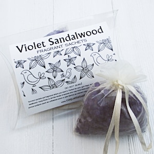 Violet Sandalwood Sachets, 2pc set, highly fragranced organza bag sachets, car home or office fragrance, woodsy floral fragrance