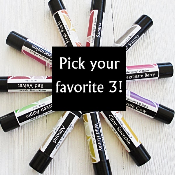 Pick your trio lip balms, any 3 flavors, each .15oz classic size twist up tube, banish dry lips, great gift idea, stock up special