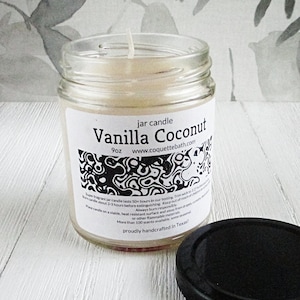 Vanilla Coconut Candle, 6oz tin or 9oz jar, strongly scented, traditional wax, warm sweet tropical fruit plus vanilla, no color added
