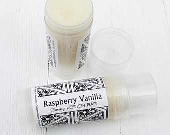 Raspberry Vanilla Solid lotion, 2oz twist up, intense moisturizing formula, travel friendly, realistic fruity fragrance