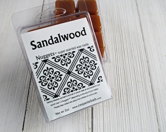 Sandalwood melts, Choose from 2oz Classic or 5oz Mega Nuggets, strong paraffin wax tarts, classic incense fragranced wax tart