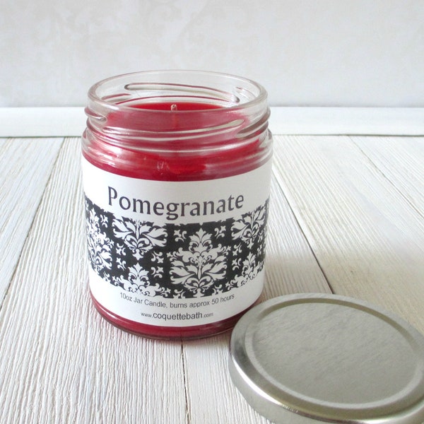 Pomegranate Candle, 6oz tin or 9oz jar, strongly scented traditional wax candle, warm fruity fragrance, holiday scented candle, great gift