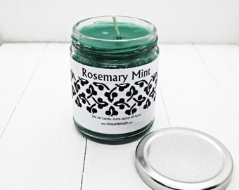 Rosemary Mint Candle, 6oz tin or 9oz jar, strongly scented traditional wax candle, aromatherapy relax, classic herbal mint fragrance, green