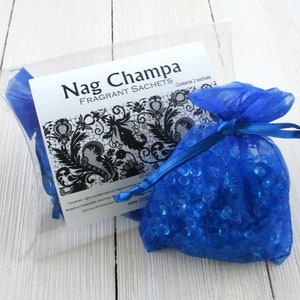 Nag Champa Sachets, Aroma beads, set of 2 highly fragranced organza bag sachets, , plumeria musk spice, car home or office fragrance