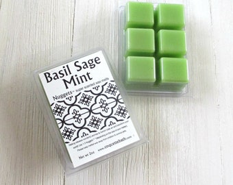 Basil Sage Mint Wax melts, Choose from 2oz classic or 5oz mega size, Herbal scented home fragrance for a fresh scented world