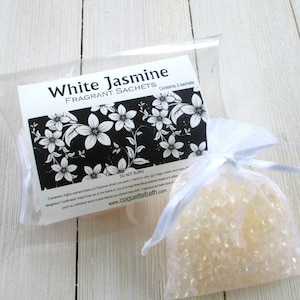White Jasmine Sachets, 2pc set highly fragranced organza bag sachets, car home or office fragrance, air freshener, sweet white floral image 1
