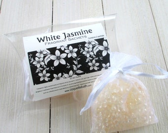 White Jasmine Sachets, 2pc set highly fragranced organza bag sachets, car home or office fragrance, air freshener, sweet white floral