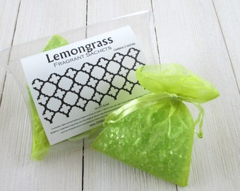 Lemongrass Sachets, 2pc set highly fragranced organza bag sachets, light refreshing green scent, car home or office fragrance