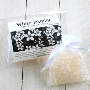 White Jasmine Sachets, 2pc set highly fragranced organza bag sachets, car home or office fragrance, air freshener, sweet white floral image 4