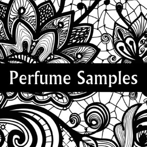May include: Black and white floral design with the text "Perfume Samples" in white letters on a black background.