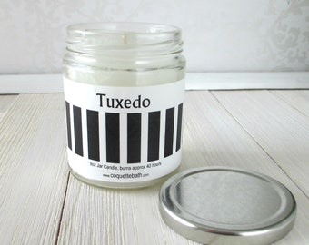 Tuxedo Candle, 6oz tin or 9oz jar, strong scented traditional wax candle, fragrance blends lavender, bergamot, leather, musk and sandalwood