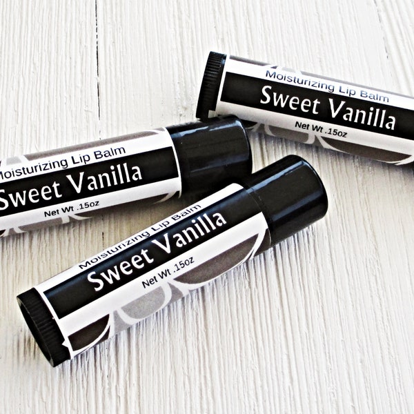 Sweet Vanilla lip balm, buttercream flavor, ultra moisturizing recipe, .15oz twist up tube, banish dry lips, lip butter, pick 1, 2 or 3