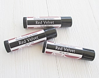 Closeout priced, Red Velvet Lip Balm, ultra moisturizing recipe, .15oz twist up tube, bakery flavored lip balm, banish dry lips, lip butter