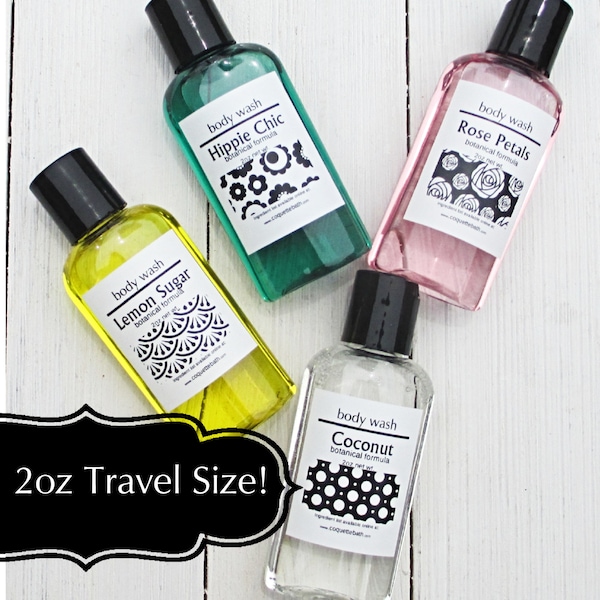 Travel Size Body Wash, 2oz, Pick 2, 3 or more, disc dispensing lid, gentle cleaning botanical enriched formula, Pick your favorite scents