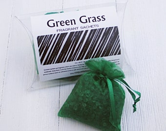 Green Grass Sachets, 2pc set, highly fragranced organza bag sachets, car home or office fragrance, smells like a freshly mowed lawn