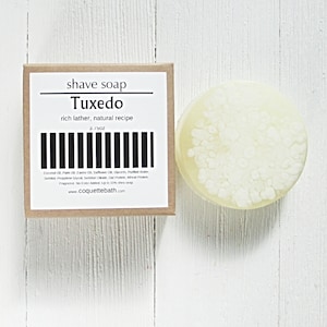 Tuxedo Shave Soap, Pick size, Rich creamy lather for that close shave, emollient rich natural formula, masculine shaving care