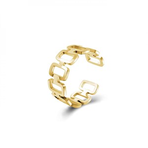 May include: A gold-toned open ring featuring a repeating pattern of interconnected rectangular links. The band has a polished finish and an adjustable gap, creating a continuous chain-like appearance that wraps around the finger.