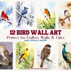 Peut inclure: Douze peintures à l'aquarelle d'oiseaux, dont un cardinal rouge, un geai bleu et un paon, perchés sur des branches. L'œuvre comprend des textes "12 BIRD WALL ART".