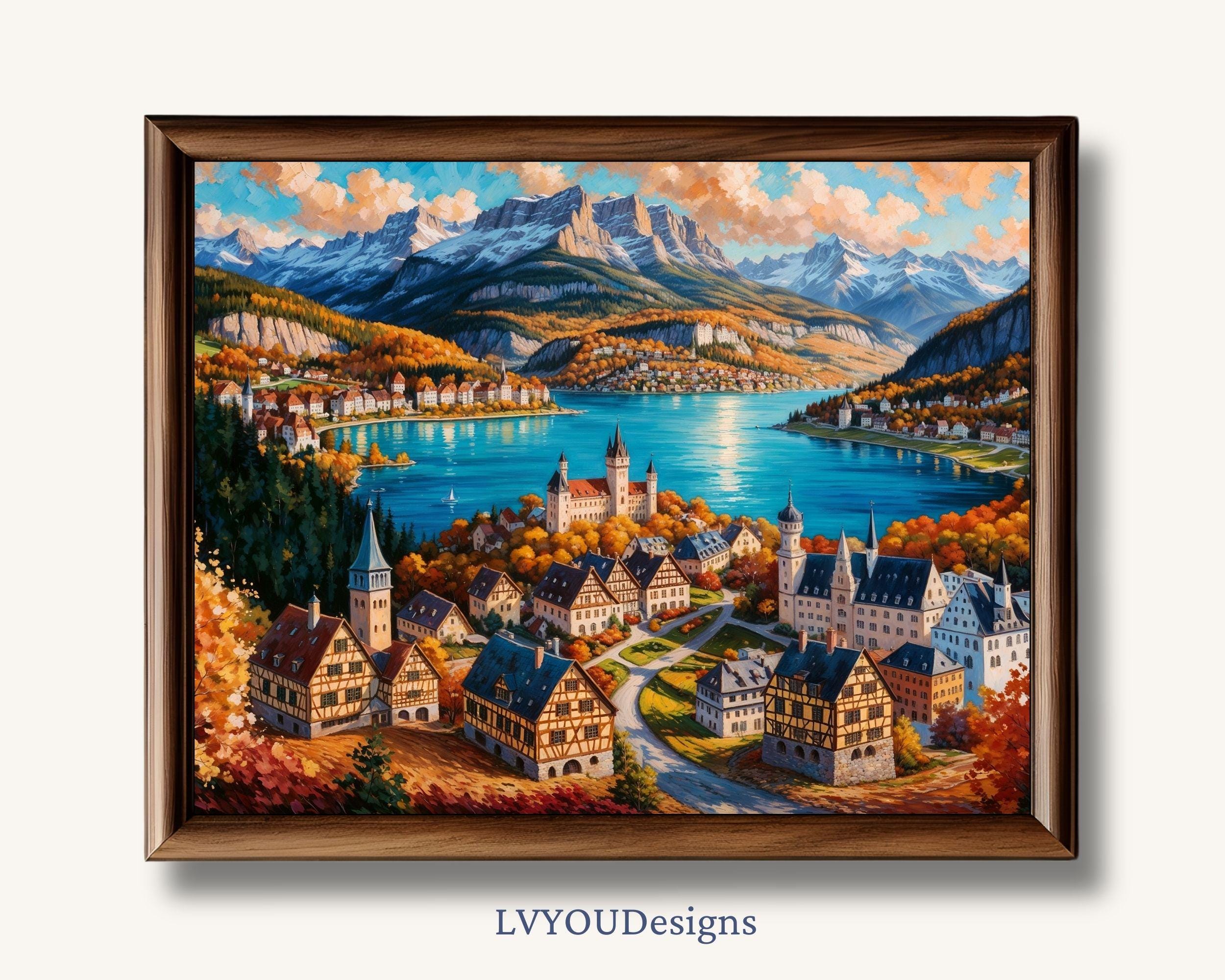 Oil Painting of Germany’s Iconic Landscapes – Bavarian Alps, Lake Königssee, Rothenburg, Black Forest, and Neuschwanstein Castle Wall Art