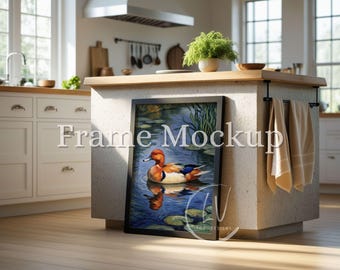 Modern Kitchen Frame Mockup | Poster Frame Mockup in Stylish Interior | Horizontal Wall Art Template |  PSD Smart Object