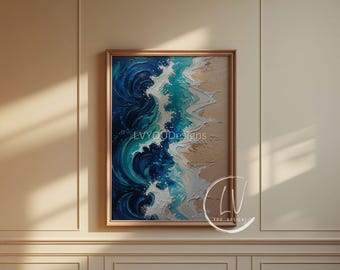 Abstract Ocean Waves and Sandy Beach Painting - Coastal Wall Art in Blue and Beige - Textured Modern Vertical Canvas, Home Decor