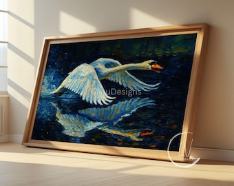 Majestic Swan in Flight - Wildlife Acrylic Painting Print, Swan Reflection Art, Bird Wall Decor, Nature Photography, Waterfowl Art