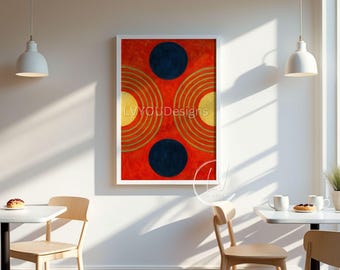 Geometric Abstract Wall Art – Red Navy Cream Circles & Arcs – Vertical Modern Acrylic Painting Print