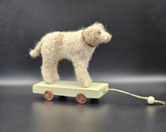 Handknitted Wool Dog Sculpture – Wooden Cart, Custom Pet Portrait