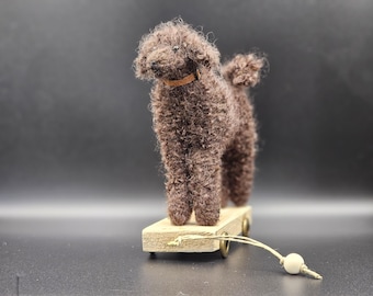 Handknitted Wool Poodle Sculpture – Decorative Dog on Wooden Cart