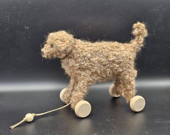 Handknitted Wool Labradoodle Sculpture – Collectible Dog on Wooden Wheels