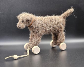 Handknitted Wool Barbet Dog Sculpture – Collectible Wooden Wheels Figurine