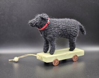 Handknitted Wool Black Labrador Sculpture – Collectible Dog Figurine on  Wooden Cart